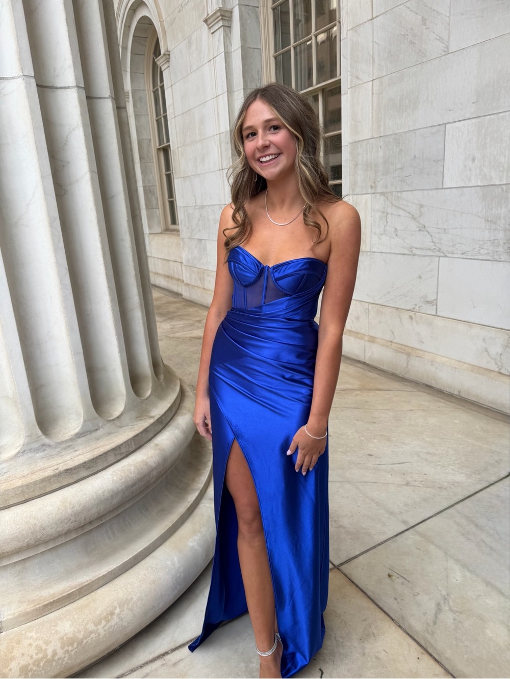 Strapless Royal Blue Girls' Satin Evening Dress with Front Slit
